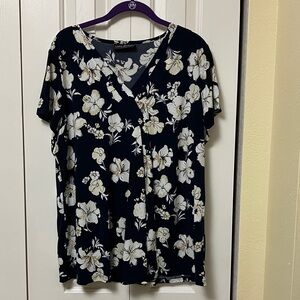 Lane Bryant Navy and Cream Floral V-Neck Blouse